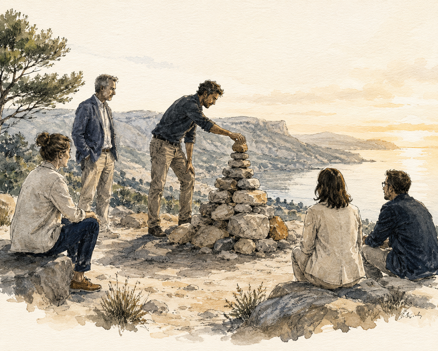 Un moment paisible au cairn, construction collective